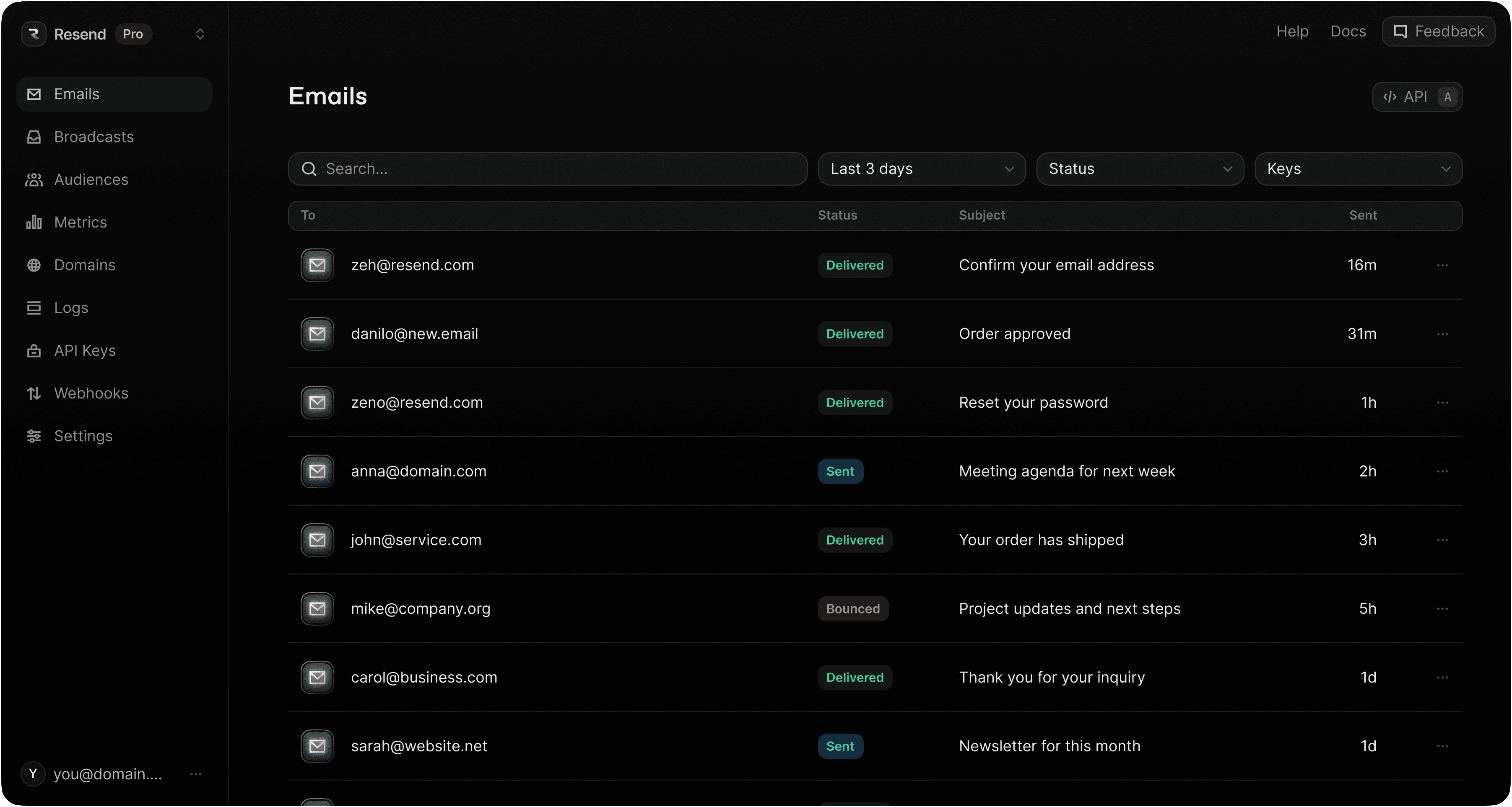 Resend Emails page